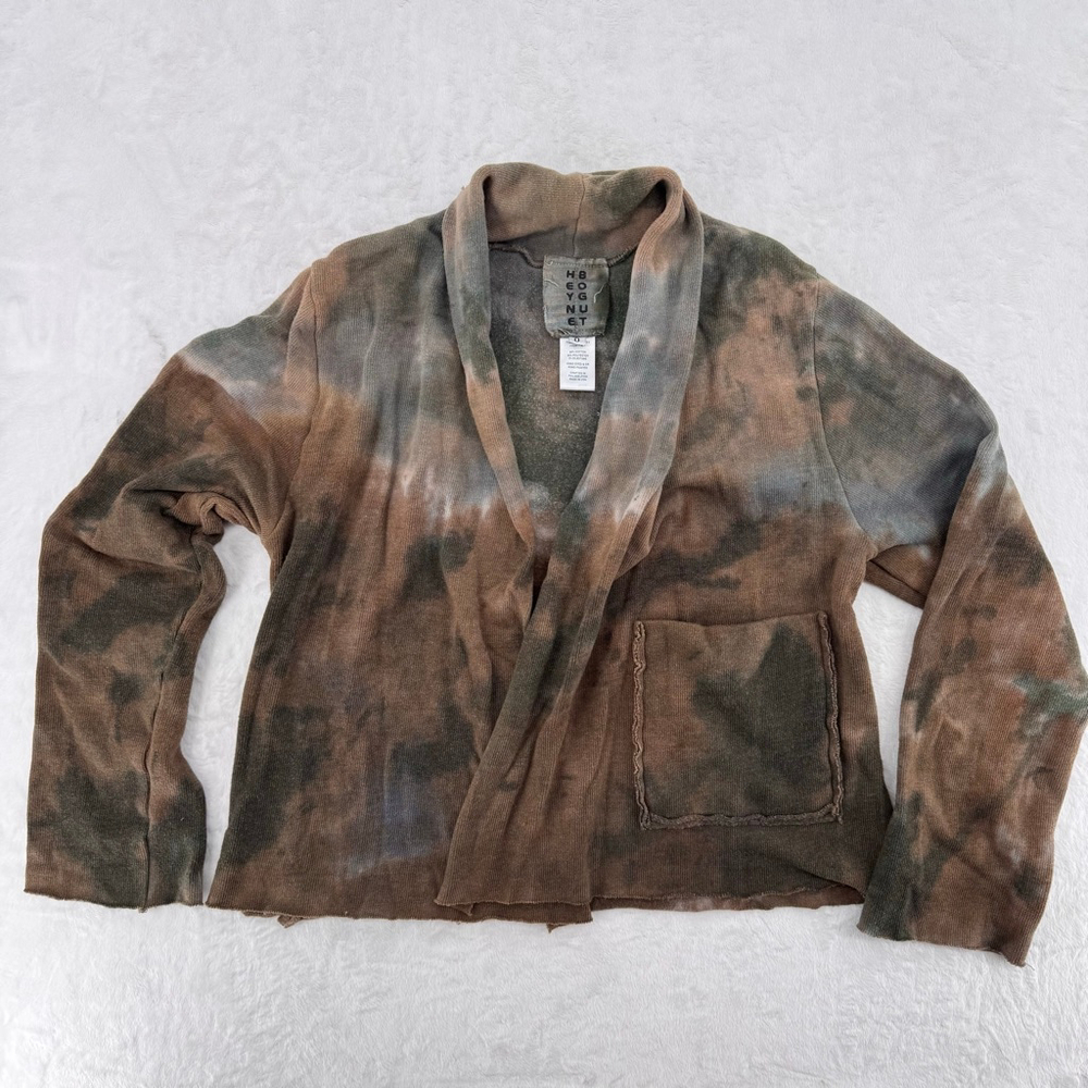 Heyne Bogut Open Front Knit Cardigan Brown Olive Tie Dye Raw Edge Made in USA